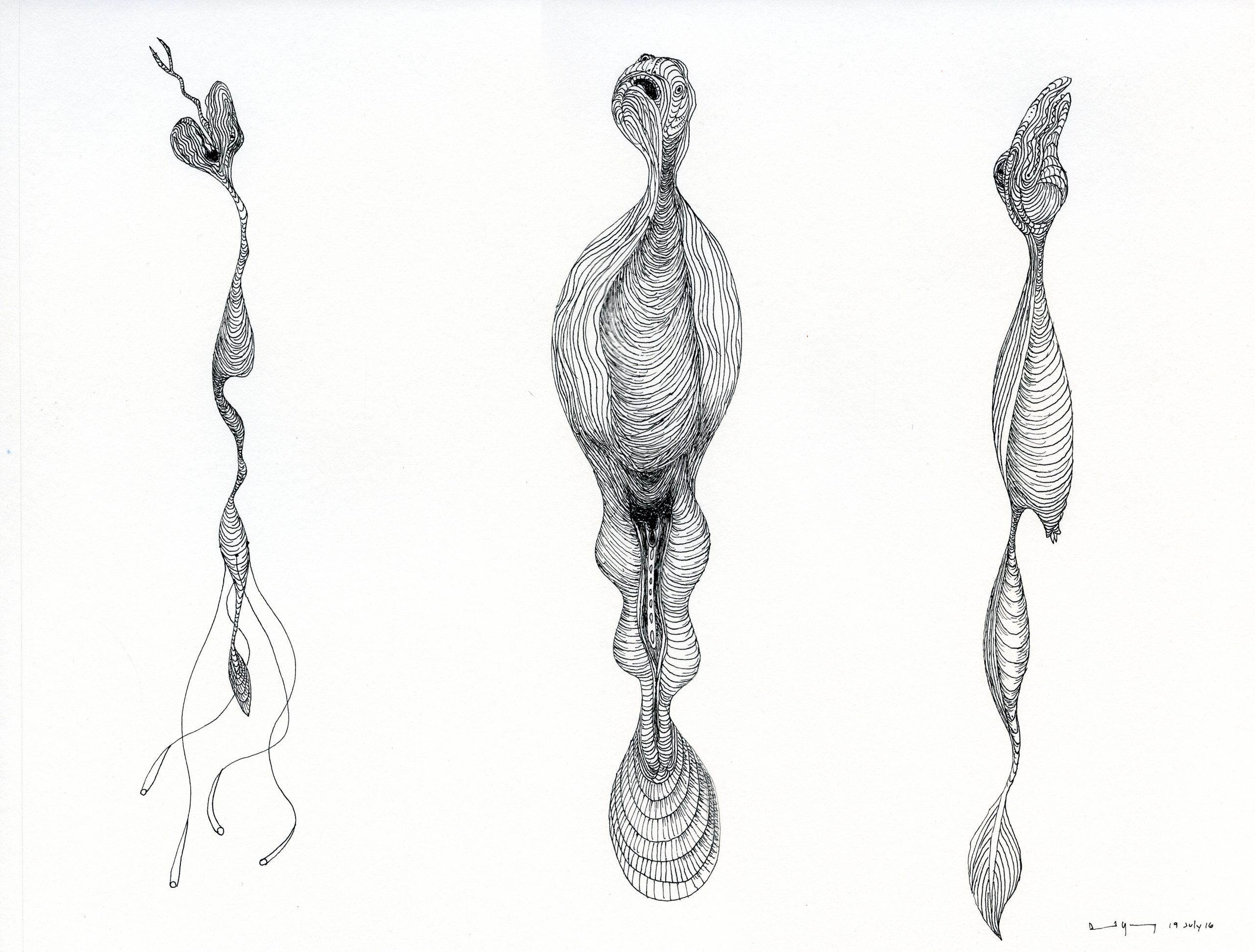 Three Deep Water Life Forms.Pen & Ink Drawing.2016.NFS